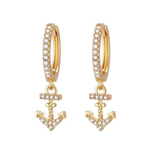 HZMAN Nautical Anchor Dangle Earring for Women 14K Gold Plated Dainty Cubic Zirconia Drop Earrings Jewelry Gift