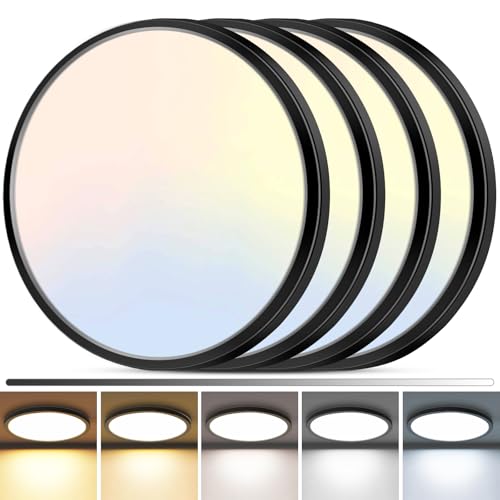 zemty 4Pack LED Flush Mount Ceiling Light, 12Inch 24W Dimmable Ceiling Lights Fixture, 5 Color Temperatures (3000K-6500K) Black Round Ceiling Lamp for Bedroom, Kitchen, Hallway,Bathroom