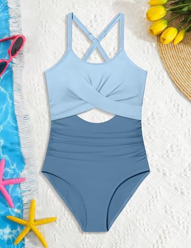 Image of Girl Swimsuit One Piece Cutout Ruched Bathing Suit for Girls Color Block Adjustable Straps Pad Swimwear 9-18y