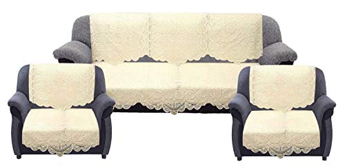 Image of Kuber Industries Premium Sofa Cover|Chikankari Cotton Fabric|6 Pieces Cotton 5 Seater Sofa Cover Set (Cream) PVC 6 Seater Transparent Dining Table Cover (Gold)