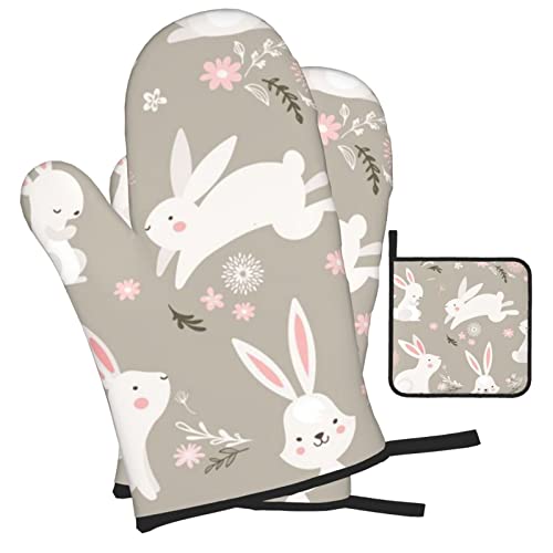Easter Bunny Floral Printed Oven Mitts And Pot Holders 3 Piece Set Heat Resistant Non-Slip Waterproof Oven Gloves For Grilling Bbq Cooking Baking Kitchen Microwave Pizza #TOP1
