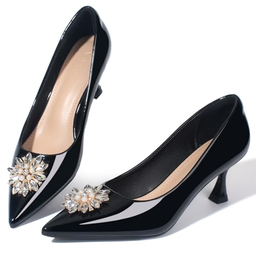 Heels for Women Leather Comfortable Kitten Heels Dressy Shoes Rhinestone Closed Toe Pointed Toe Heels Wedding Party Prom Work Formal Pumps Shoes
