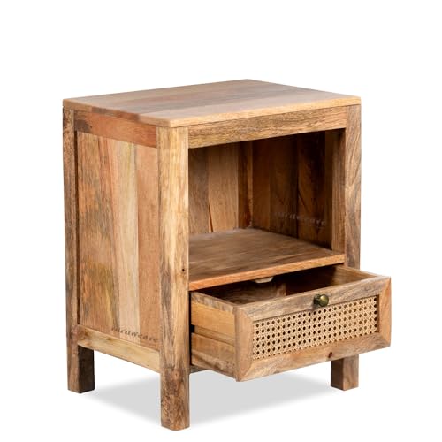 Image of Wooden Bedside Table for Bedroom with Drawers | Solid Wood Safor Rattan Bed Side Table with Drawers | Side Table for Living Room | Traditional Chest of Drawer for Home (Natural)