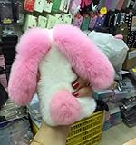 Case for Ipad Mini 123, [Plush Rabbit Case] Rabbit Bunny Furry Fur Bling Rhinestone Warm Design Soft Rabbit Fur Hair Plush Case for Apple iPad Mini 1/Mini 2/Mini 3(White/Pink)