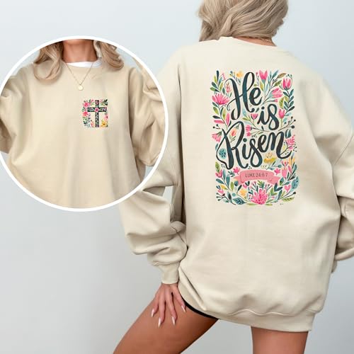 He Is Risen Sweatshirt, Easter Sweatshirt, Christian Sweatshirt, Luke 24:6-7 Sweatshirt, Bible Verse Hoodie, Cross and Flowers Hoodie, Floral Christian Sweatshirt, Easter Christian Gift2