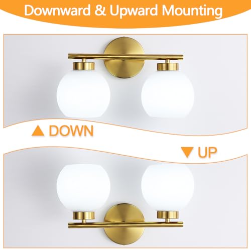 Image of 2 Light Bathroom Vanity Light, Gold Bathroom Light Fixtures Over Mirror, Mid Century Modern Wall Sconce with Frosted Globe Glass Shades, Brass Vanity Light, E26 Socket