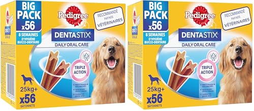 PEDIGREE DENTASTIX 56 Bâtonnets à Mâcher pour Grand Chiens 25kg+, 8 Sachets de 7, Saveur Poulet et Bœuf, Détartrage Dentaire Chien, Soins Dentaires pour Chien (Lot de 2)