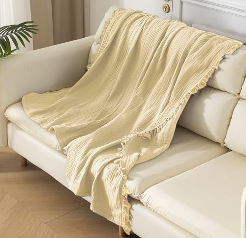 KyraHome 100% Cotton Muslin Throw Blankets for Adults, Women, Couch, Toddler, Kid, Pre-Washed Plant-Dyed, Lightweight Gauze Throw Blanket, All Season, Creamy