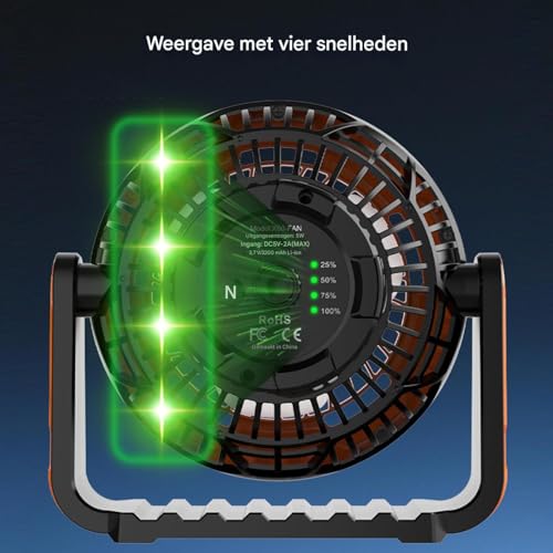 Ventilador de camping con luz LED, gancho portátil e impermeable para viaje 8