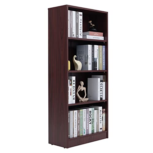Image of Sunon 4 Shelf Wood Bookcase Freestanding Display Shelf Adjustable Layers Bookshelf for Home Office Library Small Narrow Space (Mahogany, 4-Layers)