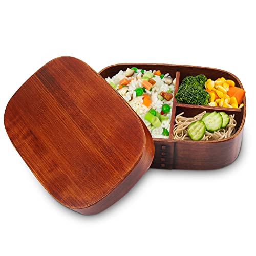 HERCHR 3-Grids Japan Cedar Bento Box, Vintage Natural Wood Bento