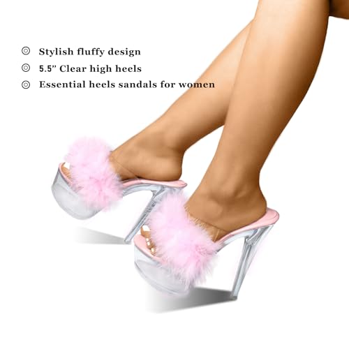 Fantoesay Women's Clear Stiletto Heels Sandals Platform Open Toe Slip On Mules Fluff Sandals2