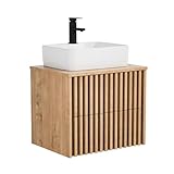 UEV Waschtisch mit Unterschrank, Waschbeckenunterschrank hängend 61cm Badmöbel Set, Waschplatz Keramik Waschbecken, ausreichend Stauraum Platzsparender Badezimmmer Möbel für Gäste WC Natur