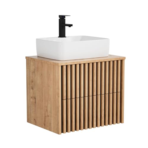 UEV Waschtisch mit Unterschrank, Waschbeckenunterschrank hängend 61cm Badmöbel Set, Waschplatz Keramik Waschbecken, ausreichend Stauraum Platzsparender Badezimmmer Möbel für Gäste WC Natur