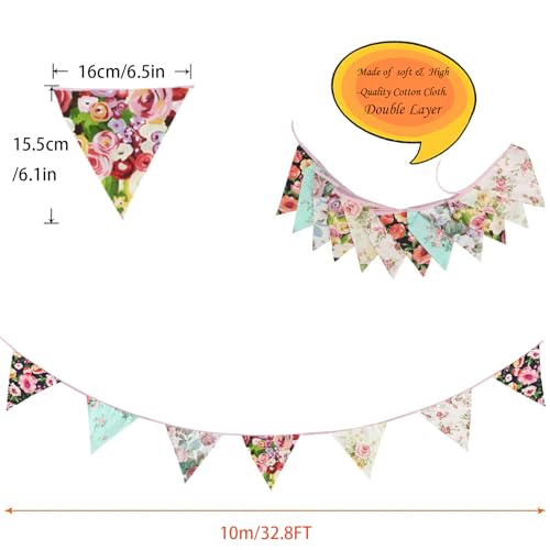 Image of Zwiebeco 32Ft Big Floral Fabric Pennant Banner Bunting Cotton Flowers Triangle Flags Garland Decorations for Birthday Wedding Engagement Baby Shower Tea Party Spring Rustic Village Home Garden Decor