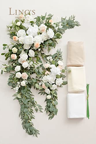 Ling's Moment White Sage Green Arch Flowers With Drapes Kit (Pack Of 5) - 2Pcs Artificial Floral Swag With 3Pcs 33Ft Length Draping Fabric For Wedding Ceremony Backdrop Decor #TOP4
