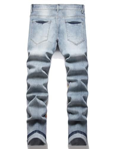 Men Skull Devil Flame Graffiti Print Stretch Denim Slim Straight Jeans2