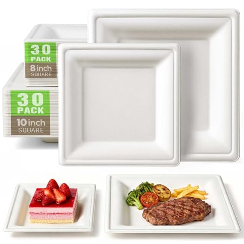 Shimond 60 Pack Compostable Square Paper Plates White - 10 & 8 Heavy Duty Disposable Plates Biodegradable Sugarcane Fiber Eco Friendly Dinnerware for Wedding Party Birthday