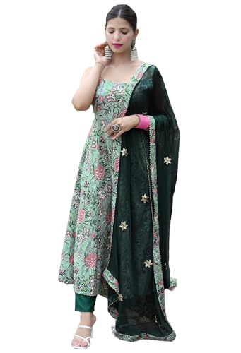 Image of GoSriKi Women's Cotton Blend Anarkali Printed Kurta with Pant & Dupatta