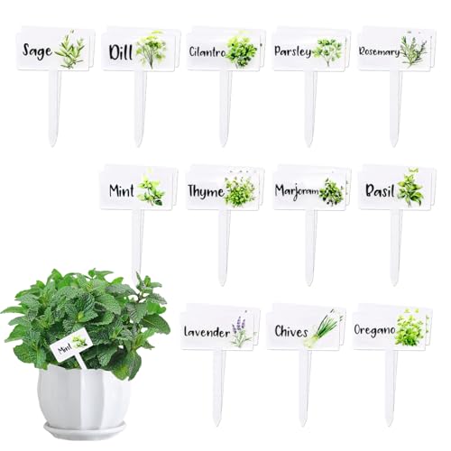 Plant Labels, 24 Pcs Acrylic Plant Markers with 12 Preprinted Herb Names, 2 of Each, Herb Garden Markers for Pots, Raised Beds and Planters