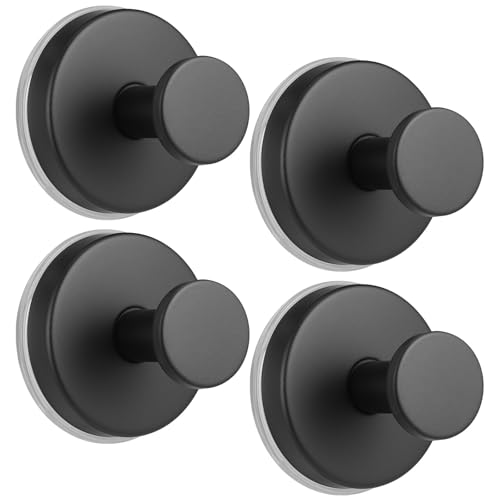 Fenas Suction Cup Hooks for Shower No-Drill Bathroom Hooks for Towels, Robes, Loofah Mountable on Bathroom Walls, Kitchen, Glass, Mirrors, Tile and Smooth,Non-Porous Surfaces (4, Matte Black)
