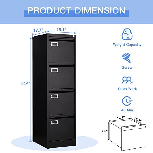 Yizosh 4 Drawer Black File Cabinet With Lock, Filing Cabinets For Home Office, Metal Locking Office File Storage Cabinets With Drawers, Vertical Small Filing Cabinet Organizer For Legal/A4 #TOP2