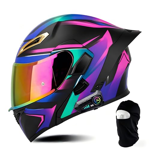 Bluetooth Motorcycle Helmet, Unisex, Dual-Lens Full-face Helmet, Flip-up, Modular Motorcycle Helmet with Bluetooth, DOT Approved (Purple, Large)