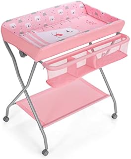 Maxmass Baby Diaper Table, Folding Infant Changing Station with 4 Wheels, Storage Shelf & Basket, Newborn Bath and Massage Organizer for 0-12 Months (Pink)