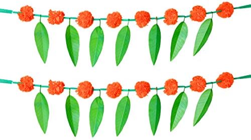 Aditri Creation Set of 2 Artificial Orange Marigold Flower Garlands with Mango Leaf Door Toran/Decorative Door Hanging Bandanwar for Parties Indian Wedding New Year Decorations (Size:- 30” Inches)