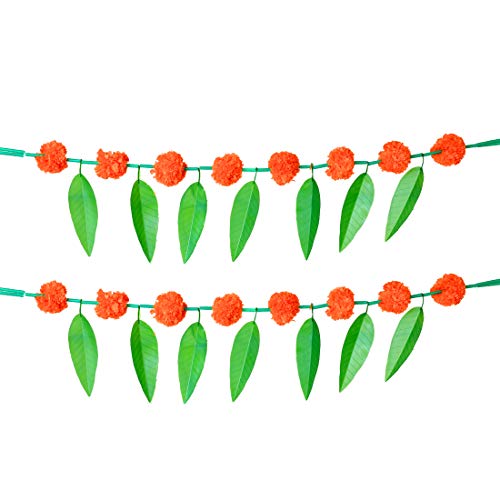 Aditri Creation Set Of 2 Artificial Orange Marigold Flower Garlands With Mango Leaf Door Toran/Decorative Door Hanging Bandanwar For Parties Indian Wedding New Year Decorations (Size:- 30” Inches) #TOP3
