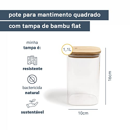 Pote Hermético de Vidro com Tampa de Bambu Quadrado Flat 1100ml - Oikos