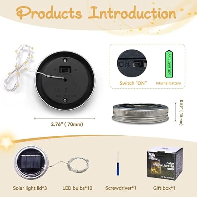 Dracarys 3 Pack Mason Jar Solar Lights Lids, Solar Fairy LED Lights (NO Jars&Hanger), Festival Garden Shed Windows Party Decor Lanterns String Outdoor