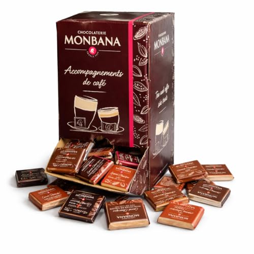 Monbana Coffret Chocolats Assortis 800 g – Assortiment de 200 Carrés Individuels – 10 Saveurs Chocolat Noir & Lait – Idéal Café, Bureau ou Cadeau