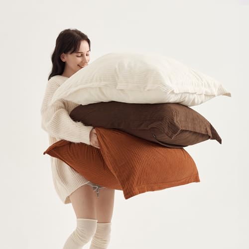 COCO TOP Set of 3 Super Soft Vintage Oversized Pillow Covers 26x26inch, Striped Corduroy Decorative Cushion, Home Decor for Expansive Living Rooms & Bedrooms (Earthy Brown, Rust & Cream