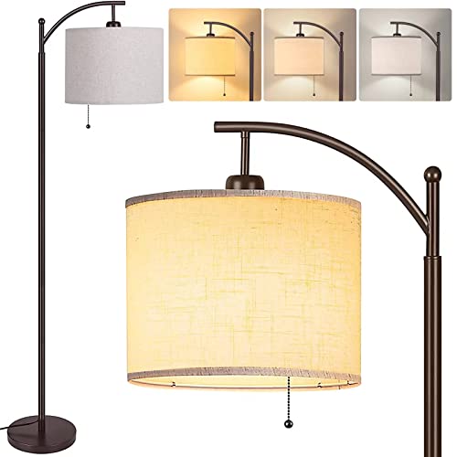 MOFFE LED Floor Lamp, Montage Arc Floor Lamp with Big Linen Lampshade, Classic Tall Standing Lamp Reading Light with 3 Color Temps 9W LED Bulb, Floor Lamps for Living Room Bedroom (Brown)