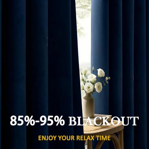 Timeper Navy Blue Velvet Blackout Curtains 90 Inches Long Thermal Insulated Window Drapes Grommet Top 2 Panels Set for Living Room, Bedroom, Dining Room, W52 x L90 inches — view 6
