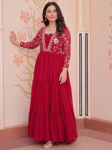 Image of FOXDX Womens Faux Georgette Sequence Embroidered Ankle Length Anarkali Gown for Women| Festival | Trending |