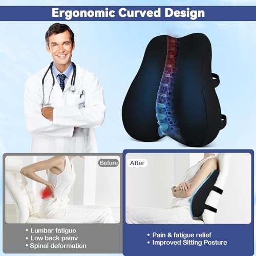 Lumbar Support Pillow for Office Chair, Cooling Memory Foam Pillow for Back Pain Relief, Ergonomic Back Support Pillow with Dual Extension Straps for Car, Couch, Recliner, Gaming Chair, Black