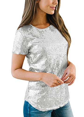 Womens Glitter Casual Round Neck Top Sequins Party Short Sleeve Shirt Silver Xxl #TOP4