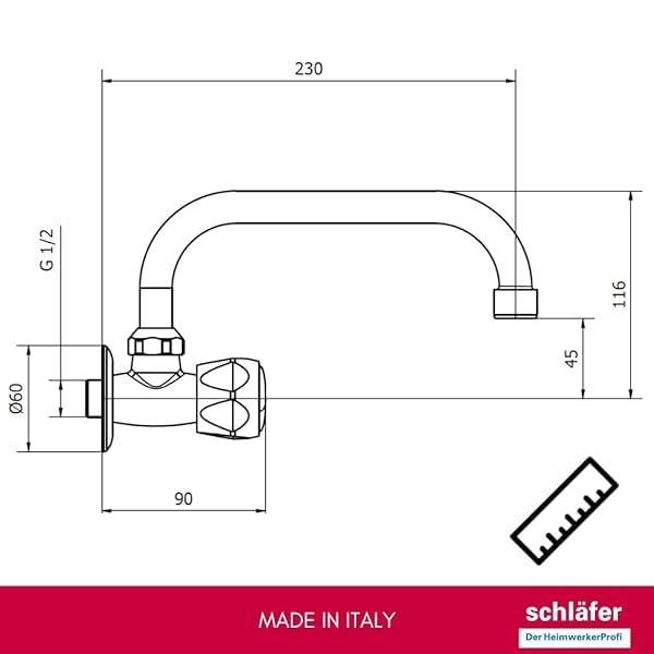 3431310 Schläfer | Robinet mural simple pour salle de bain et cuisine Robinet pour évier avec bouton rond, Robinet mural 1/2 eau froide pour évier, bec pivotant en U x 180 mm, chrome et argent