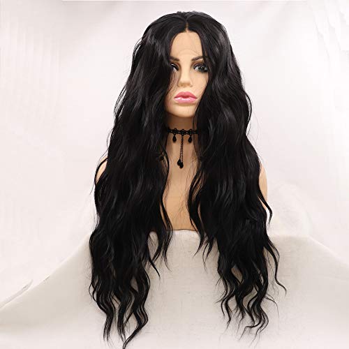 Xiweiya Long Black Wavy Synthetic Lace Front Wig - Middle Part Soft Hair Replacement for Women Drag Queen Makeup 24 inch - Image 2