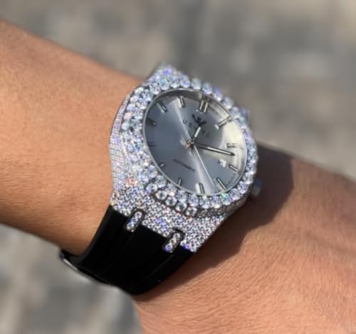 USWEL Men’s Iced Out Moissanite Diamond Watch, 42mm Case, Silicon Rubber Band and Automatic Movement, Sapphire Glass, 10ATM Water Resistant — view 5