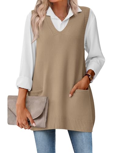 Zeagoo V Neck Sweaters for Women Fall Sleeveless Vest Oversized Knit Wear Business Casual Outfit Khaki