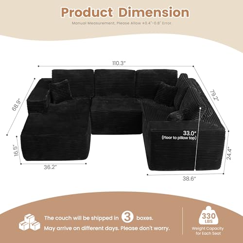 Image of HOOOWOOO Cloud Sectional Couches for Living Room,Modular Sectional Sofa No Assembly,110X79 Inch Plush Corduroy Large U Shaped Floor Couch Set with Deep Seat Chaise(Black)