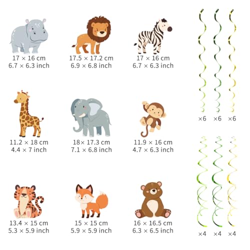 Image of Safari Animal Party Streamers, 48 Pcs Jungle Theme Hanging Swirl Decorations - Hippo, Lion, Zebra & More for Birthday, Holiday, Classroom & Party Decor
