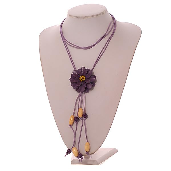Collier cordon coton lavande avec pendentif fleur en cuir violet Avalaya - 4