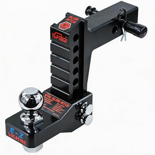 TOPTOW Adjustable Aluminum Ball Mount, 6" Drop Hitch for 2" Hitch Receivers, 7500lbs Capacity Including 2" Hitch Ball, Hitch Locks and Hitch Pin Kits, Black - Patent Easy-Align Shank Design