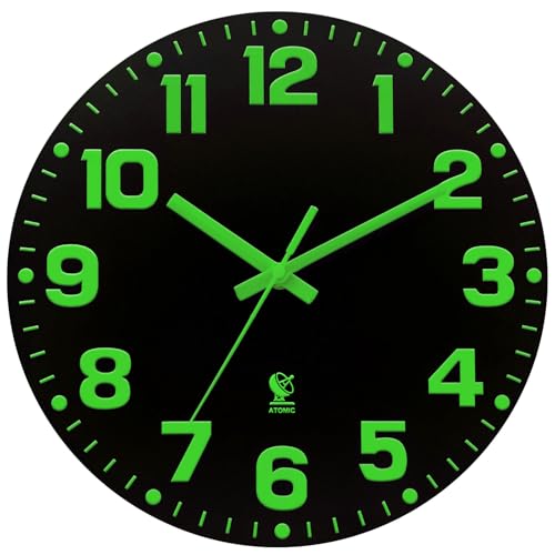 JoFomp Night Light Wall Clock Wood, 12 Inch Atomic Clock Sets Automatically, Silent Atomic Wall Clocks Battery Operated, Atomic Clocks for Bedrooms, Illuminated Wall Clocks for Living Room Decor