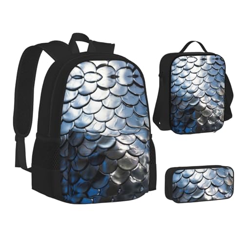 nanger Silver Fish Scale Print 3-Piece Set Backpack, Lunch Bag And Pencil Case, For Travel, College, And Daily Use2