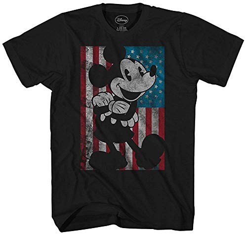 Disney Mickey Mouse American Flag Classic Vintage Retro Distressed America Patriotic Graphic Men's Adult Graphic T-Shirt (Black, Large)